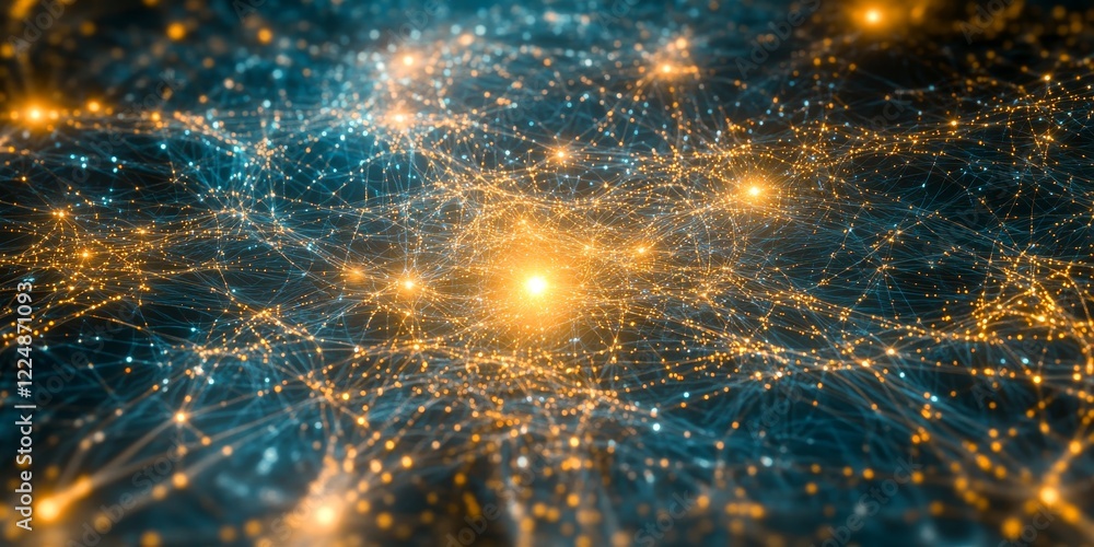 Aufkleber abstract glowing network a complex web of interconnected points, lines, and nodes in blue and gold