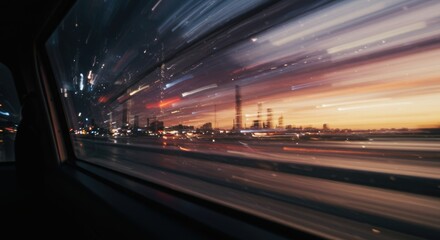 Obraz premium Dynamic cityscape through car window at dusk with light trails