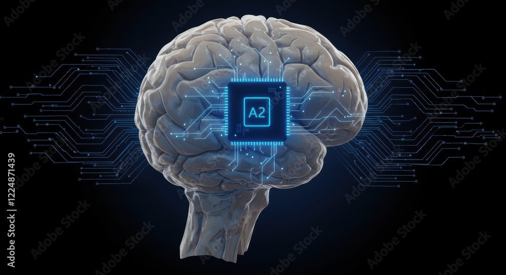 Poster futuristic brain with integrated a2 chip and neural circuitry on black background