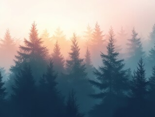 Fototapeta premium A foggy morning in a dense pine forest, with sunlight filtering through the mist.