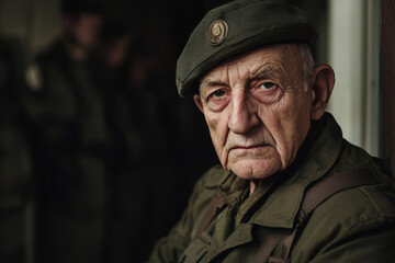 Obraz premium Elderly war veteran wearing a military beret, reflecting on the past in a dimly lit environment.