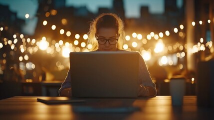 A Young Woman Working Late at Night on Her Laptop in a Warmly Lit Café Filled With Decorative String Lights, Creating a Cozy and Productive Atmosphere