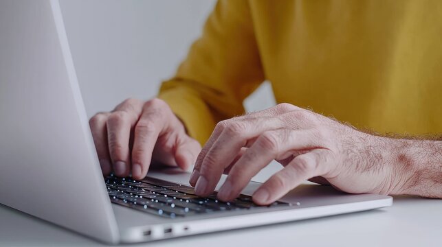 Man typing on laptop, home office, workday, productivity