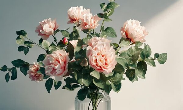 A vase of pink flowers sits on a table. The flowers are arranged in a way that makes them look like they are in a bouquet. The vase is clear and the flowers are the main focus of the image