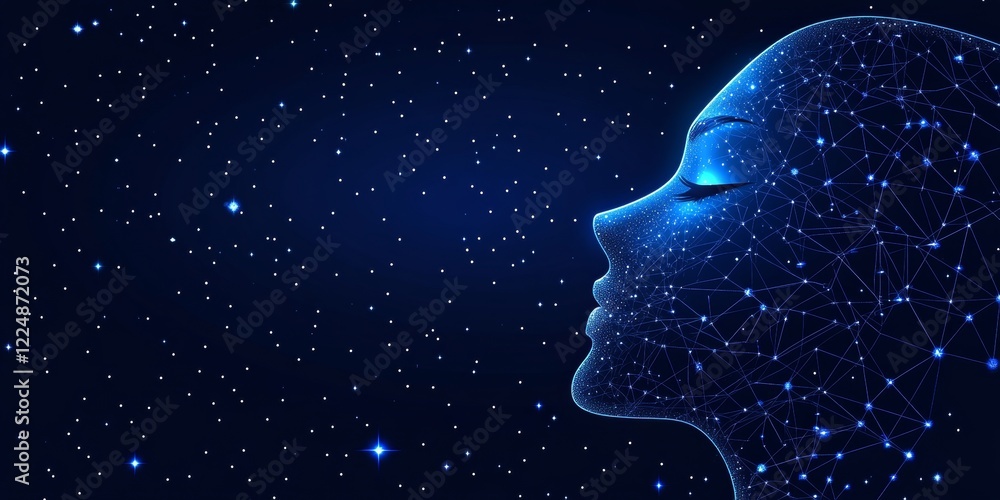 Poster abstract human head profile with interconnected nodes and circuits on a starry night background