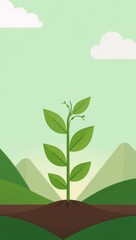 Obraz premium A cartoony eco-themed image showcases plant-powered energy in a clean medium shot against an earthy backdrop suitable for text placements and featuring various renewable icons