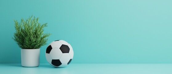 Football fan decor concept. A soccer ball next to a potted plant against a turquoise background.