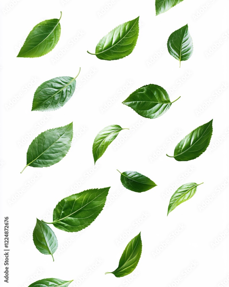 Poster lush green leaves floating on a clean white background creating a fresh and natural pattern