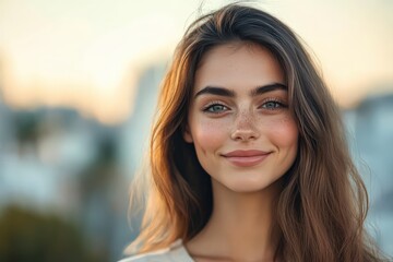 A headshot of a woman with soft makeup and a confident smile, against a blurred urban background.