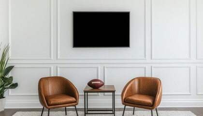 Football fan decor concept. Cozy living room with two chairs, a table, and a football on the surface.
