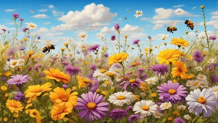 A vibrant, colorful scene depicting a field of wildflowers,