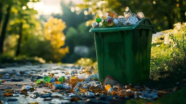 A green plastic rubbish bin garbage containers full and surrounded by unhygienic pollution trash	