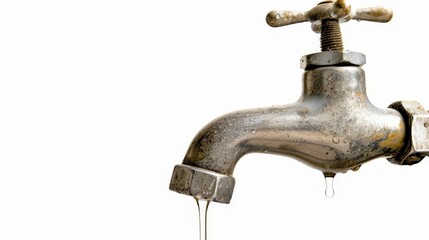 Dripping metal faucet with water droplets isolated on white background