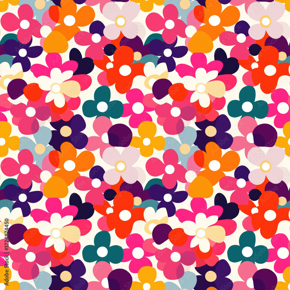 Poster retro floral pattern: a cheerful and vibrant seamless pattern featuring stylized flowers in a range 