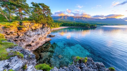 Naklejka premium Sunrise over tranquil lake, rocky shore, mountain backdrop; ideal for travel brochures
