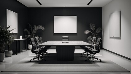 Minimalist black-themed office setting with modern furniture and sleek accents