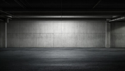 A dimly lit industrial concrete space resembling an underground parking garage or basement. The moody lighting and raw textures create a dark, eerie, and cinematic atmosphere, perfect for urban and dy