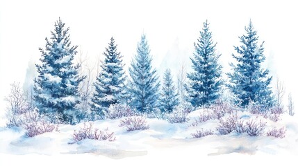 Fototapeta premium Watercolor painting of snow-covered pine trees in winter forest.