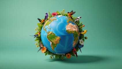 Fototapeta premium A captivating representation of global harmony sustainability and biodiversity featuring vibrant flora birds and an eco-friendly aesthetic