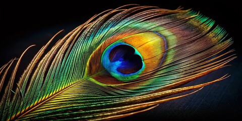 Obraz premium Peacock Feather Macro Photography: Intricate Details on Black Background