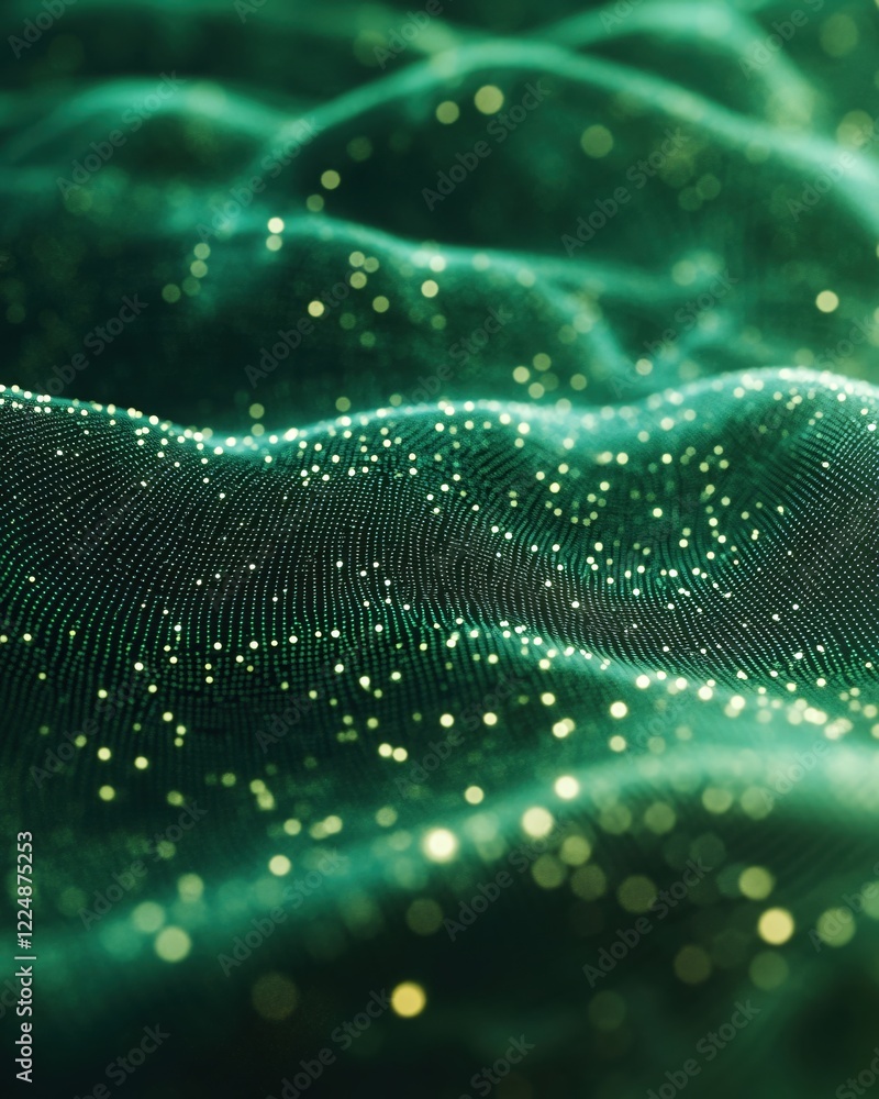 Aufkleber abstract green surface with glowing dots and bokeh creating a futuristic digital landscape
