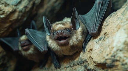 Obraz premium Two bats clinging to cave rock.