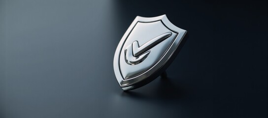 Metallic checkmark-shaped shield signifies security protection and trustworthy services in design related to cybersecurity quality assurance and privacy