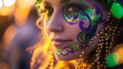 Fototapeta premium Female with intricate face paint and beads at festival during sunset