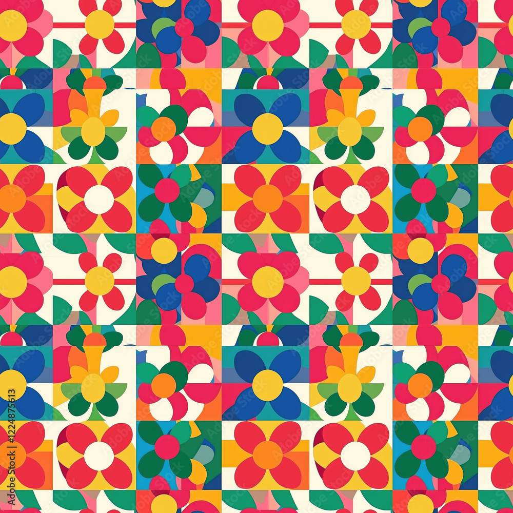 Poster blooming geometry: a vibrant and playful seamless pattern featuring stylized, geometric flowers in a