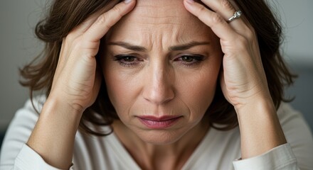 Fototapeta premium Stressed woman holding head in frustration at home