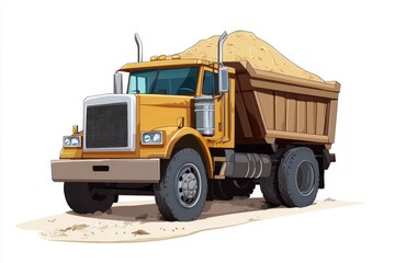 Obraz premium Dump Truck filled with sand isolated on white background. Dump Truck icon. Heavy Machinery. Construction Vehicle with sand. Dump Truck Design Element. Sand-filled Dump Truck isolated.
