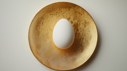 White egg on a gold plate against a neutral background
