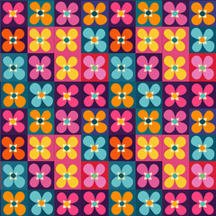 Vibrant Floral Retro Pattern: A captivating geometric pattern features a cheerful array of multi-colored flowers, each blooming with a unique design.