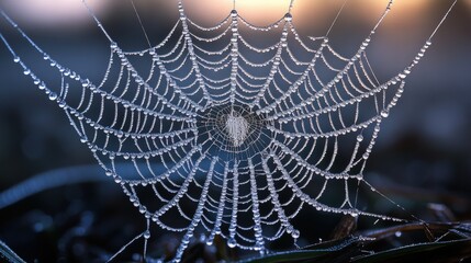 Dew-covered spiderweb, glistening, intricate design.