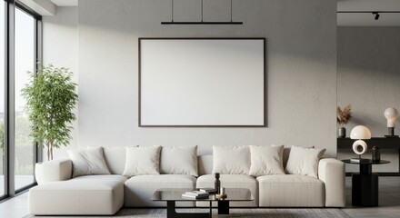 Modern living room interior with minimalist design and cozy white sofa