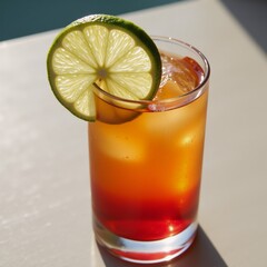 A Tequila Sunrise with Lemon Slice showcases vibrant colors and intricate shadow play under bright sunlight
