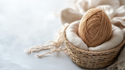 Obraz premium Handmade yarn Easter egg in warm earth tones on a basket. Handmade Easter day decoration.