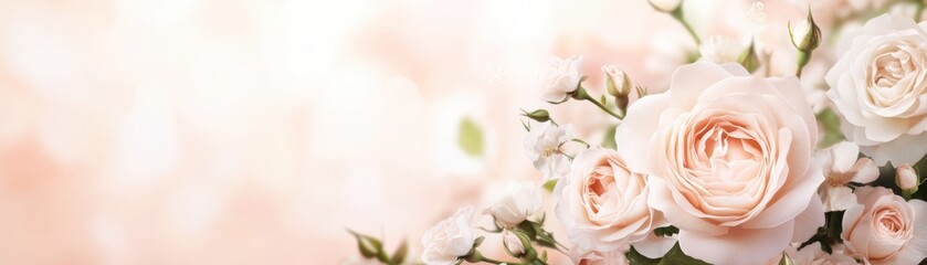 Obraz premium A soft, blurred background features delicate pink roses and flowers, creating a serene and romantic atmosphere.