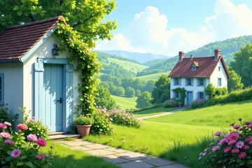 Peaceful Cottage Scene on Rolling Green Hills with Blooming Flowers and Stone Pathway