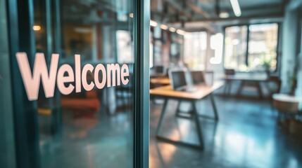 Modern Office Welcome Sign and Workspace