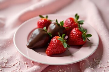 Sweet indulgence a delightful arrangement of fresh strawberries elegantly coated in rich, dark chocolate, served on a delicate pink plate