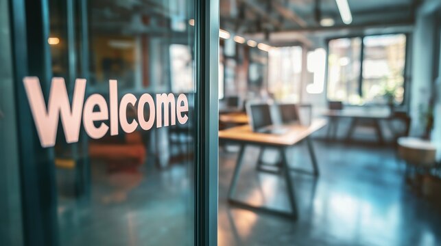 Modern Office Welcome Sign and Workspace