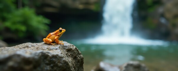 tiny frogs perch on a rock in front of the waterfall, amphibian, small