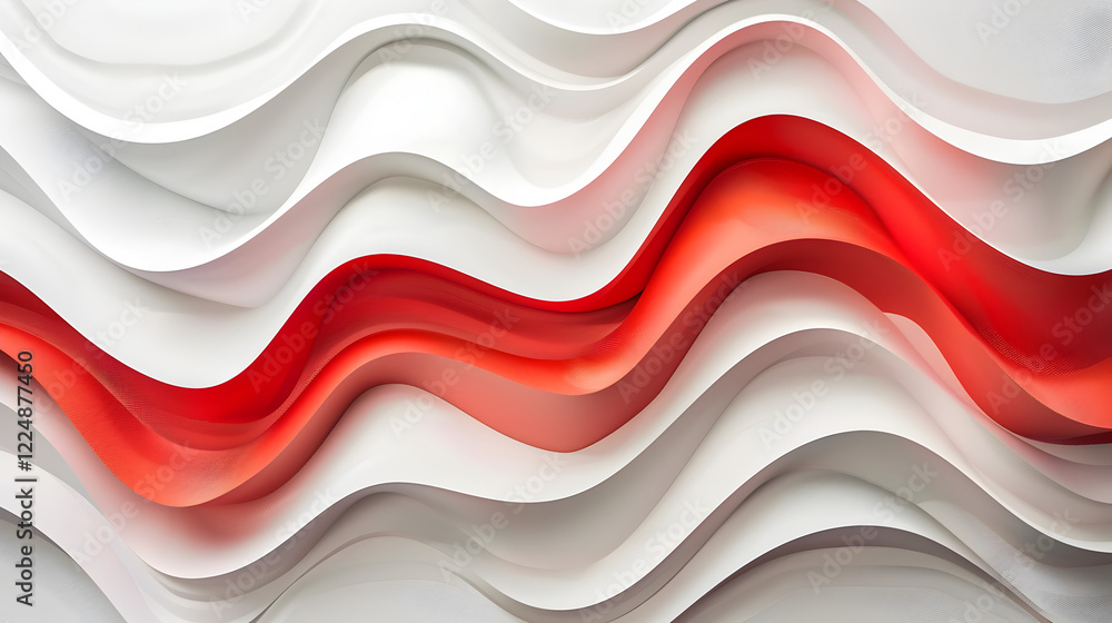 Poster abstract design featuring flowing waves in red and white, creating a dynamic visual effect.
