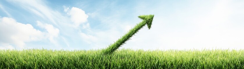 A green arrow rises above lush grass under a bright sky, symbolizing growth and progress.