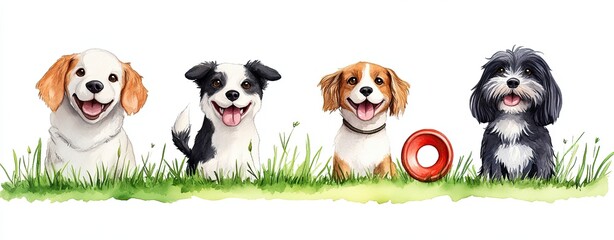 Obraz premium Happy Dogs in Watercolor Style Collection Enjoy adorable dogs playful in garden