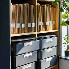 Organized files in wooden cabinet and drawers.