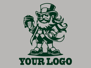 This leprechaun vector illustration features an old dwarf with a beard, a prankster leprechaun the gold pot fairy, an Irish dwarf guarding treasure, green and a leprechaum logo background