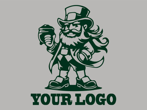 This leprechaun vector illustration features an old dwarf with a beard, a prankster leprechaun the gold pot fairy, an Irish dwarf guarding treasure, green and a leprechaum logo background