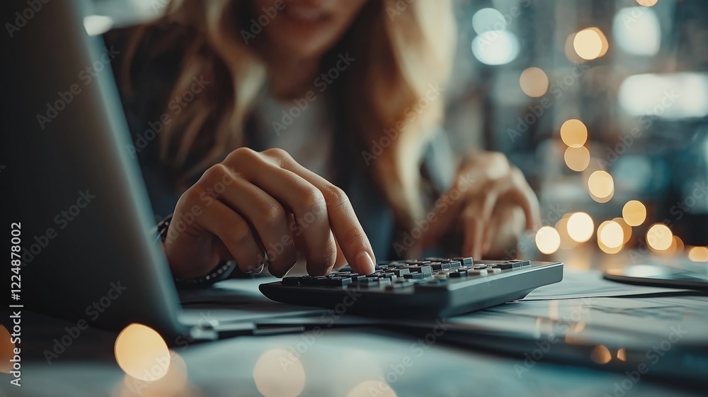 Poster focused professional woman using a calculator while working on financial documents in a cozy office 